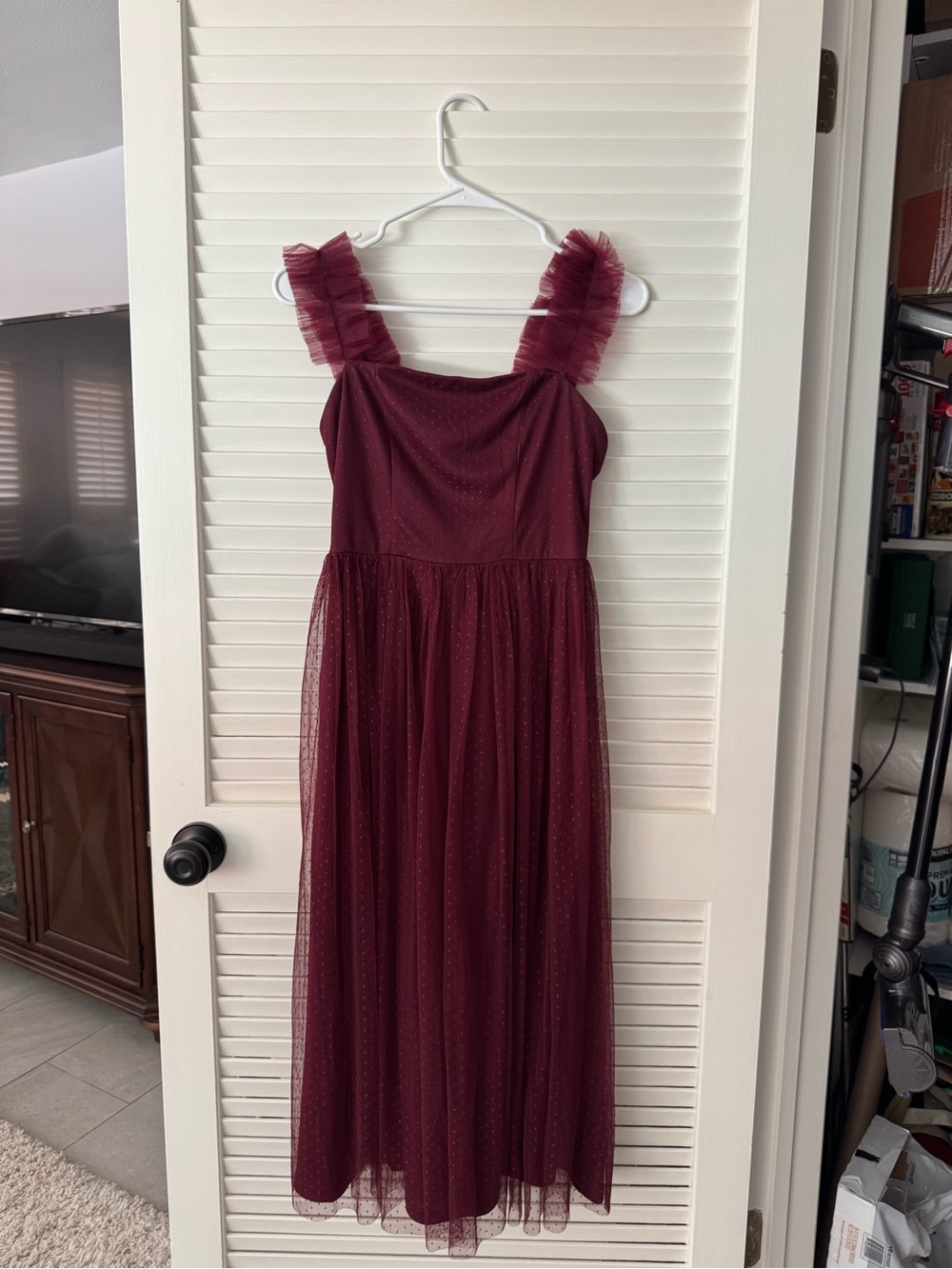 Lulu's Burgundy Midi Tulle Dress with Ruffled Straps